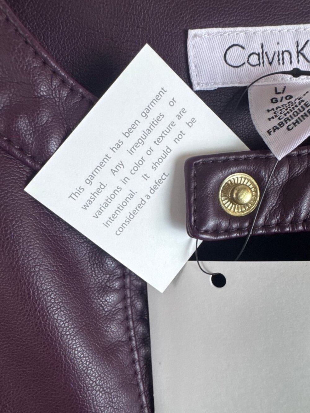 Calvin Klein Merlot Faux Leather Jacket Gold Zippers Women's Large NWT - Picture 3 of 8